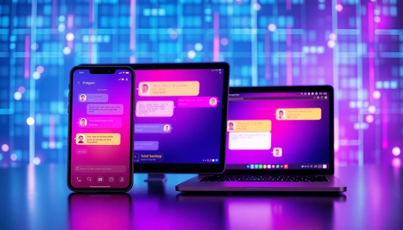Multiple devices displaying AI chat interfaces with colorful characters and digital backgrounds.