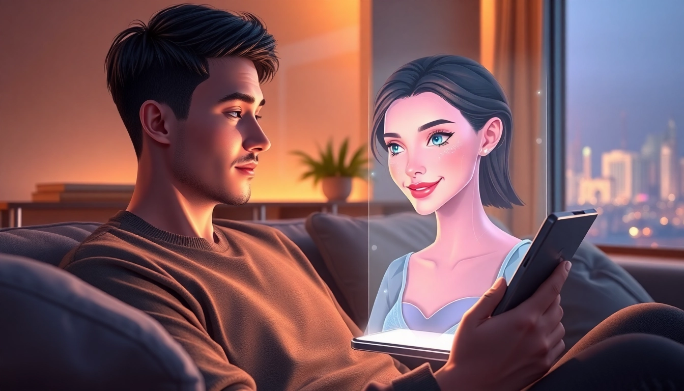 A person interacting with a realistic AI girlfriend on a tablet in a cozy, modern room with warm lighting and holographic projections.