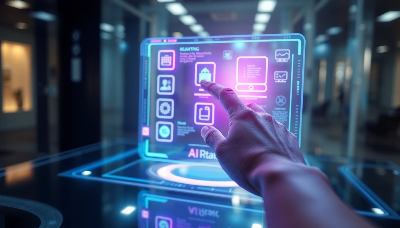 A close-up of a person's hand interacting with a futuristic holographic AI interface in a high-tech environment.