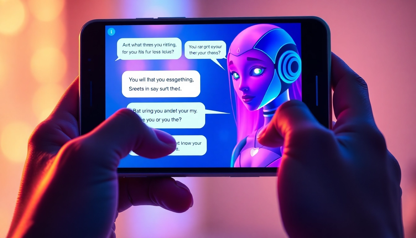 Close-up of a user interacting with a customizable AI character on a sleek device screen, highlighting intimacy and technology in a softly lit setting.