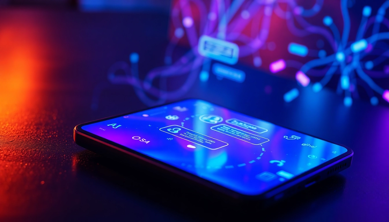 Futuristic chatbot interface on a modern device with neon lighting and holographic data streams.
