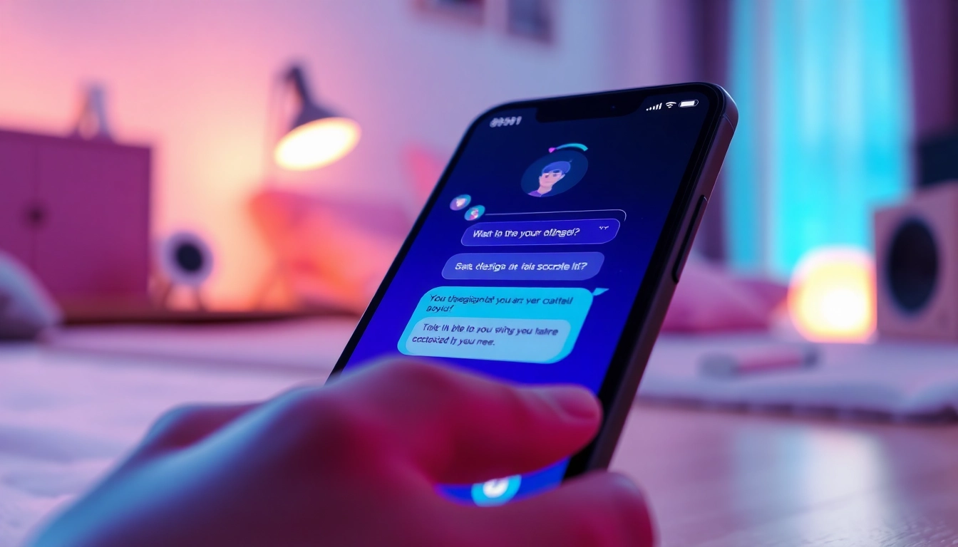 Smartphone displaying a conversation with a customizable AI character in a cozy, ambient-lit room.
