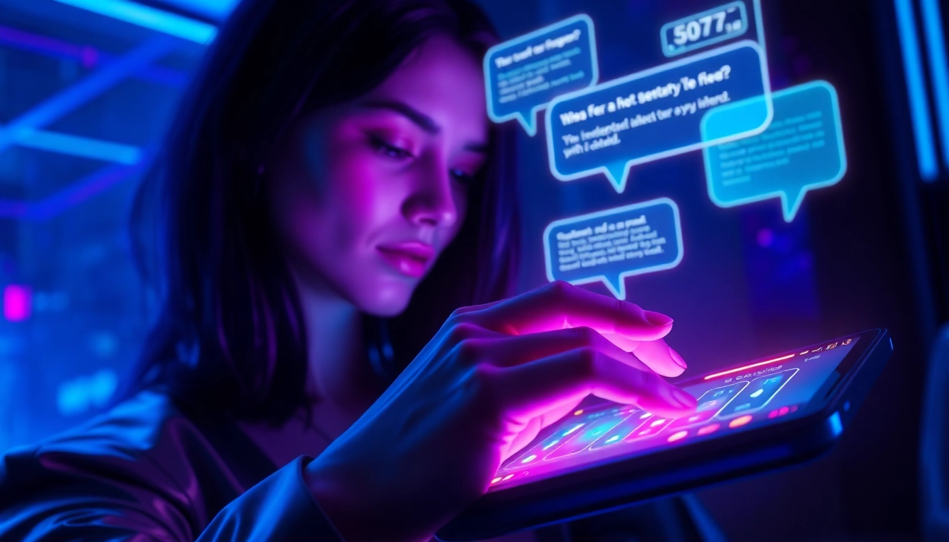 Futuristic digital interface with holographic chat bubbles and neon lighting