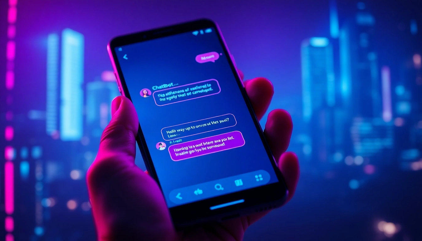 Close-up of a smartphone displaying a playful digital chat with neon accents and a futuristic city background.
